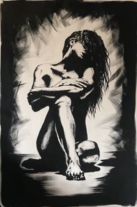 Acrylic painting on canvas. Black and white painting.  female figure.