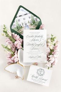 Give a sense of timeless sophistication to your wedding paper with our Charlotte Suite. Pairing classic, formal script letter styling with a traditional serif for fine details, this suite exudes tasteful luxury. With optional floral crests, wreaths, and monogram styles, Charlotte is perfect for any wedding aesthetic, from afternoon to black-tie.