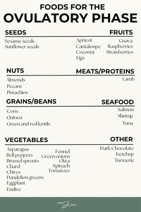 These are the foods that are best for when you are in your ovulatory phase. The wide variety of vitamins and antioxidants included in these foods provide your body with the nutrients needed to carry you through this phase of your menstrual cycle.