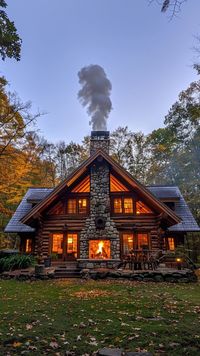 Discover the rustic charm of a log cabin in an enchanting autumn forest setting. Illuminated windows and a crackling fireplace create a warm and inviting ambiance, perfectly blending with the fiery orange hues of fall foliage. Escape to this idyllic retreat for tranquility and relaxation.