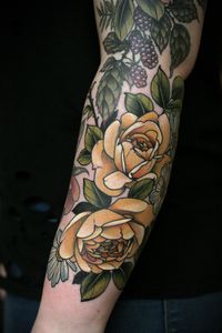 Wrapping yellow roses and cosmos and a healed dusty pink rose for Chella. Full shots of her arm next!