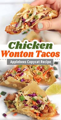 This copycat APPLEBEES CHICKEN WONTON TACOS recipe consists of a crispy wonton shell filled with honey-garlic chicken, an Asian slaw. Topped with sweet chili sauce, sesame seeds and cilantro - it's the perfect appetizer recipe.