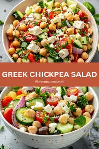 Greek chickpea salad that makes an easy appetizer! Enjoy Mediterranean flavors in this healthy summer recipe, perfect for any meal. Save this pin for delicious and easy chickpea salad recipes.