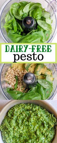 An easy dairy-free pesto recipe made with nutritional yeast, basil, olive oil, and nuts, and is perfect as a pasta sauce, on chicken, or on your favorite pizza. You're going to be trying to find ways to include this vegan pesto sauce on everything! #pesto #dairyfree #food #recipes #healthy #yum #sauce #vegan