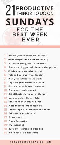 Tired of falling behind during the week? Your week doesn't have to be stressful. Here are 21 things you can do on Sunday to maximize your time and skyocket your productivity. Set your week up for success with these Sunday habits. #sunday #productive