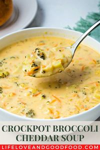 Rich and creamy, perfect for a blustery day! Crockpot broccoli cheddar soup is easy to make and packed with veggies and cheese. Enjoy plenty of flavor from just a few simple ingredients! #NationalSlowCookerMonth