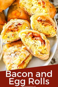 These Bacon and Egg Rolls are a fun breakfast, brunch, snack, or game day appetizer recipe. Egg roll wrappers are filled with bacon, cheese, and scrambled eggs. Serve with hollandaise sauce or gravy. #eggrolls #baconandeggs