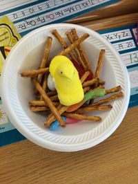 Eagle's nest creations. Pretzel sticks, Swedish fish , gummy worms, chocolate eggs, peeps.