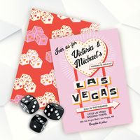 Wedding in Las Vegas with heart shaped sign and fun fonts with a mod retro vibe. Features Vegas sign and heart dice with funky colors of pink, red, orange and very light creamy white. Perfect for a quick wedding or a all out Vegas party! All wording can be changed except for the word "LAS VEGAS". Hand drawn by McBooboos. To make more changes go to Personalize this template. On the bottom you’ll see “Want to customize this design even further? Click on the EDIT using Design tool. It will take some learning but you can change some of the fonts & some colors, move things around or delete what you need. You'll get the hang of it.