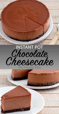 Instant Pot Chocolate Cheesecake - This silky dark chocolate cheesecake is lightly sweetened, with a rich chocolate crust. Perfect for chocolate lovers! Serve with a cup of coffee, or sliced strawberries for the finishing touch. #instantpotcheesecake #chocolatelovers #chocolatecheesecake #instantpotdessert #instantpotrecipe