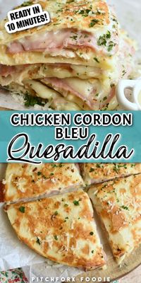 There’s so much to love about Chicken Cordon Bleu Quesadillas! They have all of the same irresistible flavors of traditional chicken cordon bleu, without the time-consuming process of making it! There’s layers of gooey cheese, crispy bread crumbs, savory ham and chicken, and, of course, killer Parmesan Dijon cream sauce that you could eat with a spoon! This recipe is a winner! Try these amazing quesadillas for a delicious lunch!