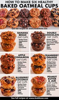 These baked oatmeal breakfast cups make a dozen baked oatmeal cups with six delicious flavor options. With banana bread, double chocolate, coconut blueberry, apple cinnamon, cranberry orange and peanut butter and jam, we’ve got you covered for flavor ideas! Your family is going to love these as you can easily customize them to include your favorite ingredients.