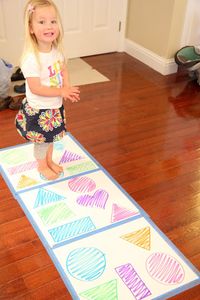 Toddlers will love the idea of shape hopping, care giver would call out the shape and color and the child's job is to find the shape and matching color. Great for large motor development and body and eye coordinations.