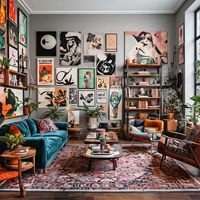 An eclectic urban living room that blends modern and vintage elements, featuring a mix of bold patterns, vibrant colors, and unique furniture pieces. The space includes a velvet sofa in a deep teal color, a mid-century modern coffee table, and an industrial-style bookshelf filled with books and decorative objects. The walls are painted a neutral gray but are brought to life with a gallery wall of eclectic art, ranging from contemporary prints to vintage posters. A large, patterned rug ties the room together, and a few potted plants add a touch of greenery. The space feels dynamic, lively, and realistically lived-in, with an artistic flair.