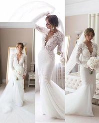 Stunning Deep V-Neck White Trumpet Wedding Dresses with Sleeves Sexy Backless Lace Mermaid Wedding Dress Robe Mariee Wedding Gowns sold by Cherishwedding on Storenvy