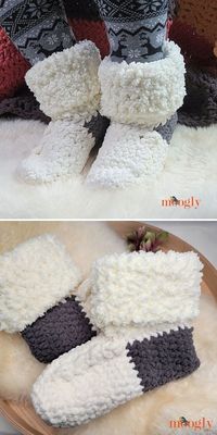 Cute And Comfy Crochet Home Slippers. These chunky, warm slippers in the pictures below were made by Tamara Kelly and they look absolutely fantastic, don't you think? They are plush and feel luxurious on your feet, making it a great gift set with a matching headband. Get cozy this winter and play with the colors! #freecrochetpattern #slippers #socks