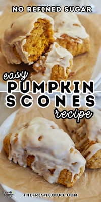 Make these delicious, moist, pumpkin scones! Made without refined sugar and whole wheat flour, they are better than Starbucks and that brown butter maple glaze!! Get the easy recipe via @thefreshcooky