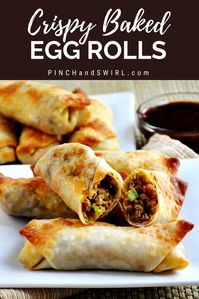 Pork and Vegetable Crispy Baked Egg Rolls - so easy to make in the oven with this simple recipe. Truly crispy without frying! Healthy snack or appetizer and perfect party food! #bakedeggrolls #healthybakedeggrolls #easybakedeggrolls