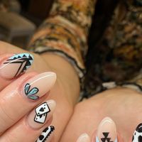 Marissas.nails on Instagram: "fun western set 🖤  . . . . . #almondnailshape #westernnailart #handpaintednailart #luminaryclarity #tammytaylorglassslipper #tammytaylorbondit #filesbylesswhiteout #cowprintnails #youngnailscourse"