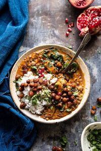 Sweet Potato Lentil Curry with Crispy Sesame Chickpeas | halfbkaedharvest.com #healthy #vegan #easyrecipes #fallrecipes