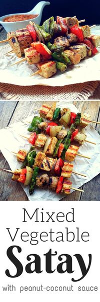 Colorful veggies marinated in coconut milk. curry and lime, then skewered and grilled. Serve with a sweet-spicy peanut sauce for a great vegan appetizer.