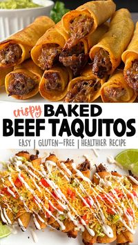 Cheesy Shredded Beef Taquitos that are baked, not fried! This baking method makes cooking a big batch of taquitos a breeze, and less clean-up! They are also healthier, not greasy, and you still get that crunchy CRISPY outer shell! Click for the full detailed recipe and video! #taquitos #beef #mexicanfoodrecipes #easyrecipe #glutenfreerecipes #easydinner