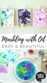 Marbling with oil and food coloring is one of the easiest ways to marble paper and it uses materials you likely already have at home. Beautiful! #painting #kidsart