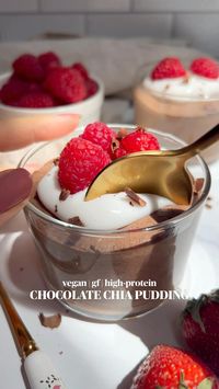 10min · 4 servings     ✨🤎Chocolate Protein Chia Pudding🤎✨  ✨ Ingredients  • 1 can of coconut milk  • 1/3 cup chia seeds  • 2 tbsp cacao powder  • 2 tbsp chocolate protein powder   • 2 tbsp maple syrup  • 1 tsp vanilla   ✨ Directions  • Add all of the ingredients to a high-speed blender and blend them until the chia seeds are finely ground.   • Transfer the chia pudding into jars and refrigerate them overnight. You can definitely enjoy the pudding right away, but it gets so much thicker and creamier when refrigerated for 4-5 hours or overnight.  • I topped my blended chia pudding with dairy-free yogurt, fresh raspberries, and chocolate shavings.  • This makes 4 small servings or 2 normal-sized ones.