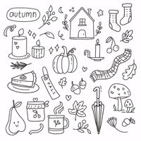 Premium Vector | Doodle fall autumn elements hand drawing. Autumn collection cartoon line art. Modern abstract fall seasonal decoration icon symbol of pumpkin, candle, mushroom