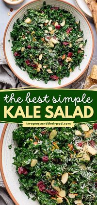 This Simple Kale Salad is made with fresh, hearty kale, Parmesan cheese, toasted almonds, dried cranberries, and a fresh lemon balsamic dressing. Add this simple side dish to your quick and easy food ideas for lunch!