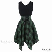 Lasaky - Thickened Plaid Strappy Dress with Elastic Waist and Irregular Grid Pattern