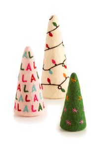 Brighten up your holidays with these festive felt Christmas trees. Comes in three assorted patterns/sizes.  small: D 3.5" x H 7", medium: D 4.25" x H 10", large: D 4.75" x H 13";  polyester, wool and polystyrene