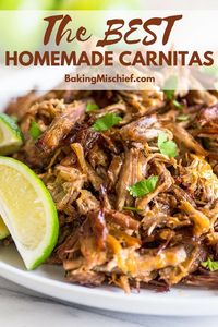 This Easy Carnitas Recipe makes the BEST carnitas: rich, tender shredded pork with crispy, crunchy edges, perfect for tacos, burritos, or just eating by the forkful. Post includes step-by-step instructions and everything you ever wanted to know about making carnitas.