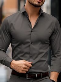 Grey Casual,Work Collar Long Sleeve Fabric Plain Shirt Embellished Slight Stretch  Men Clothing