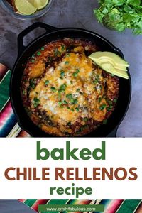 This Easy Baked Chile Relleno recipe will quickly become a favorite dinner or appetizer recipe. If you love Chile Rellenos, you have to try the baked version. Fresh poblano peppers, A LOT of cheese, and a homemade tomato salsa sauce make this dish irresistible. Make these delicious stuffed peppers and you won't miss the frying at all! #chilerelleno, #easydinner, #poblanopeppers, #chilerellenorecipe, #Mexicanfood, #stuffedpeppers