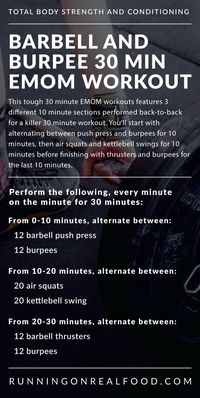 30 Minute EMOM Workout with Kettlebell Swings, Squats, Burpees, Push Press and Thrusters. Put in a ton of work and improve your fitness in just 30 minutes.