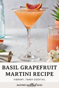 This basil grapefruit martini is made with fresh grapefruit juice and vodka, sweetened slightly and shaken with fresh basil leaves. It's tangy and refreshing, with a subtle pop of aromatic basil for an elegant and invigorating drink.