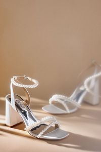 Adorned with faux pearl embellishments and crafted of a smooth, silky satin, the Badgley Mischka Feisty Pearl Block Heels offer a playful touch to formal outfitting. | Feisty Pearl Block Heels by Badgley Mischka in White, Women's, Size: 9, Leather/Silk/Satin at Anthropologie