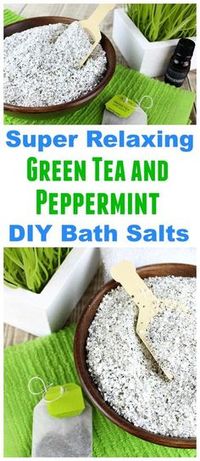 Soothing Green Tea and Peppermint DIY Bath Salts- Tired and achy after working out at the gym or working in your garden? Then you should relax in a bath with these green tea and peppermint DIY bath salts! This homemade bath soak is so soothing, and if you put it in a jar it makes a great gift! | essential oils, easy homemade gift idea, #diy #beauty #diyGifts #bathSalts