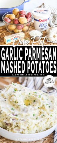 These garlic parmesan mashed potatoes are the perfect simple and tasty mashed potato recipe. Red or yellow potatoes are cooked to perfection, then mashed with a blend of garlic, sour cream, parmesan cheese, and simple seasonings. They're quick and easy, rich and creamy, and perfect paired with any of your favorite entrees.