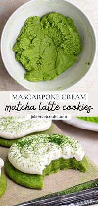 These are the best Matcha Latte Cookies! These easy delicious thick matcha cookies are topped with a smooth mascarpone cream that is dusted with matcha powder, making them taste like a delicious cup of matcha latte.