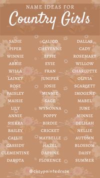 Cowgirl name ideas, cottage-core name list, girl names, pretty girl names, video game character name ideas, pretty vintage names for girls