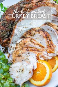 Smoked turkey breast is the best turkey you will ever eat!! With a super flavorful spice rub, it's moist and perfectly cooked. #turkey #smokedturkey #smokedturkeybreast #turkeybreast #smokedmeat # #traeger #traegersmokedturkey