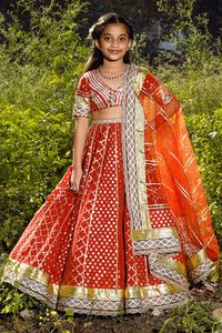 Buy Nitya Bajaj- Kids Brown Cotton Chanderi Lehenga Set For Girls Online | Aza Fashions