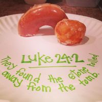 Great quick snack idea for Easter, cut a glazed donut in half (tomb) with a donut hole (tomb stone)