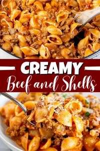 The next time you need a quick and easy weeknight dinner, make this one-pot creamy beef and shells. It's heart, budget-friendly, and super comforting.