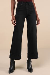 You'll dominate chic street style when you pair your 'fit with the Just Black Palazzo Washed Black Denim Cuffed High Rise Wide-Leg Jeans! Slightly stretchy, washed black denim shapes these must-have jeans with a high-rise fit, belt loops, a five-pocket cut, and a hidden zipper fly with a top button closure. Light whiskering accents the wide pant legs that end at cuffed, full-length hems. Fit: This garment fits true to size. Length: Ankle length. Waist: Fitted - very fitted at natural waist. Hip: Fitted - stretchy fabric allows room for hips. Fabric: Fabric has some stretch. Unlined. 94. 4% Cotton, 4. 2% Polyester, 1. 4% Spandex. Machine Wash Cold And Dry Inside Out With Like Colors. Do Not Bleach. Tumble Dry Low. Warm Iron If Needed. Dry Cleaning Possible. Imported. Lulus | Palazzo Washed