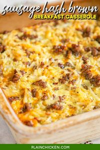 Sausage Hash Brown Breakfast Casserole - hash browns, sausage, eggs & cheese - can be made ahead of time and refrigerated or frozen until ready to bake! Great for overnight guests and Christmas morning!