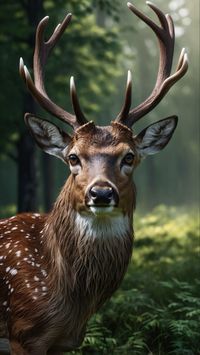 A portrait of a deer in a forest looking at camera