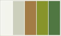 My favorite so far ColorCombo184 - ColorCombos.com color palettes, color schemes, color combos with hex colors codes #F3F4EC, #CCCFBC, #A37B45, #86942A, #507642 and color combination tags CAPE PALLISER, FERN GREEN, FOGGY GRAY, GREEN, GREEN WHITE, OLIVE, ORANGE, WASABI, YELLOW GREEN, YELLOW GREEN, YELLOW GREEN.